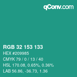 カラーコード: RGB 32 153 133 | qconv.com