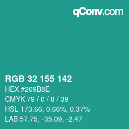 カラーコード: RGB 32 155 142 | qconv.com