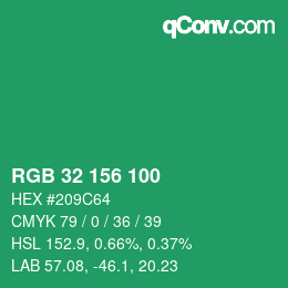 カラーコード: RGB 32 156 100 | qconv.com