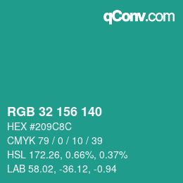 カラーコード: RGB 32 156 140 | qconv.com