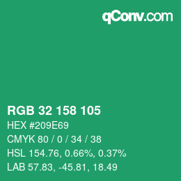 カラーコード: RGB 32 158 105 | qconv.com