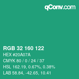 カラーコード: RGB 32 160 122 | qconv.com