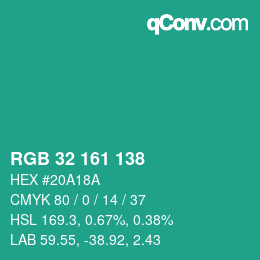 Color code: RGB 32 161 138 | qconv.com