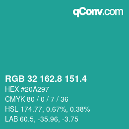 カラーコード: RGB 32 162.8 151.4 | qconv.com