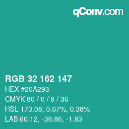 カラーコード: RGB 32 162 147 | qconv.com