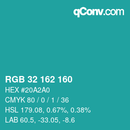 カラーコード: RGB 32 162 160 | qconv.com