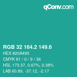 カラーコード: RGB 32 164.2 149.6 | qconv.com