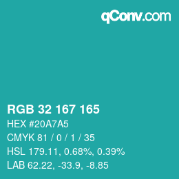 Color code: RGB 32 167 165 | qconv.com