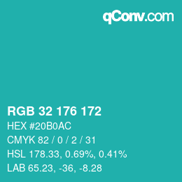 カラーコード: RGB 32 176 172 | qconv.com