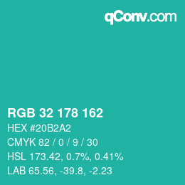 カラーコード: RGB 32 178 162 | qconv.com