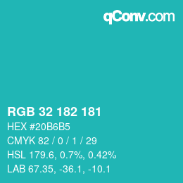 カラーコード: RGB 32 182 181 | qconv.com