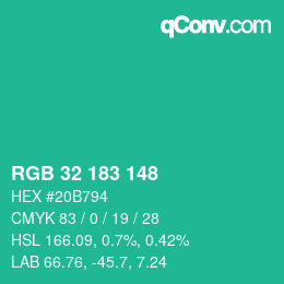Color code: RGB 32 183 148 | qconv.com