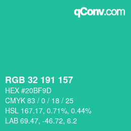 Color code: RGB 32 191 157 | qconv.com