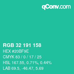 カラーコード: RGB 32 191 158 | qconv.com