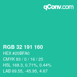 Color code: RGB 32 191 160 | qconv.com