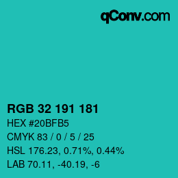 カラーコード: RGB 32 191 181 | qconv.com