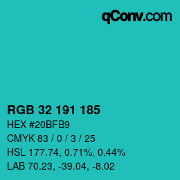 Color code: RGB 32 191 185 | qconv.com
