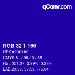 カラーコード: RGB 32 1 166 | qconv.com