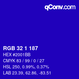 Farbcode: RGB 32 1 187 | qconv.com