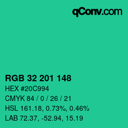 カラーコード: RGB 32 201 148 | qconv.com