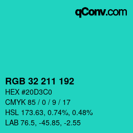 カラーコード: RGB 32 211 192 | qconv.com