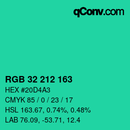 カラーコード: RGB 32 212 163 | qconv.com