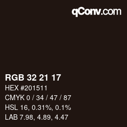 カラーコード: RGB 32 21 17 | qconv.com