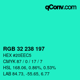 Color code: RGB 32 238 197 | qconv.com