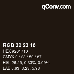 Color code: RGB 32 23 16 | qconv.com