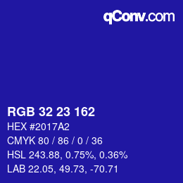 Farbcode: RGB 32 23 162 | qconv.com