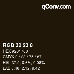 カラーコード: RGB 32 23 8 | qconv.com