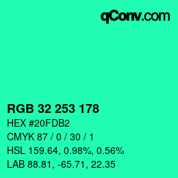 Color code: RGB 32 253 178 | qconv.com