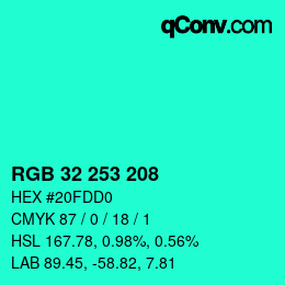 カラーコード: RGB 32 253 208 | qconv.com
