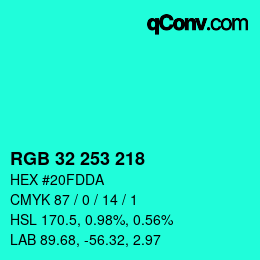 カラーコード: RGB 32 253 218 | qconv.com