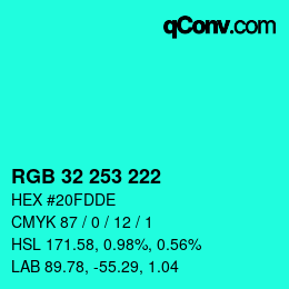 カラーコード: RGB 32 253 222 | qconv.com