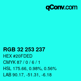 Color code: RGB 32 253 237 | qconv.com