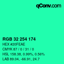 Color code: RGB 32 254 174 | qconv.com