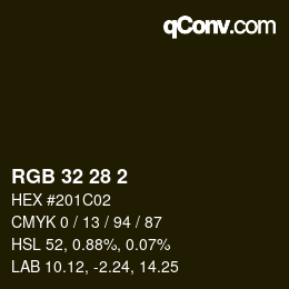 カラーコード: RGB 32 28 2 | qconv.com