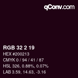 カラーコード: RGB 32 2 19 | qconv.com