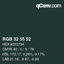 カラーコード: RGB 32 55 52 | qconv.com