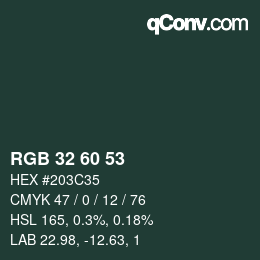 颜色代码: RGB 32 60 53 | qconv.com