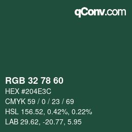 カラーコード: RGB 32 78 60 | qconv.com