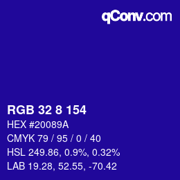 カラーコード: RGB 32 8 154 | qconv.com