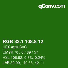 カラーコード: RGB 33.1 108.8 12 | qconv.com