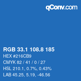 カラーコード: RGB 33.1 108.8 185 | qconv.com
