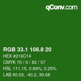 カラーコード: RGB 33.1 108.8 20 | qconv.com