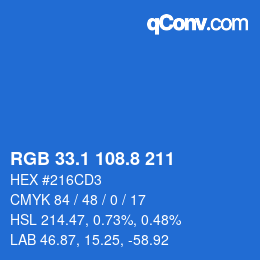 カラーコード: RGB 33.1 108.8 211 | qconv.com
