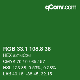 カラーコード: RGB 33.1 108.8 38 | qconv.com