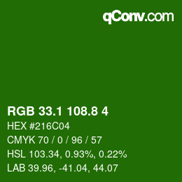 カラーコード: RGB 33.1 108.8 4 | qconv.com