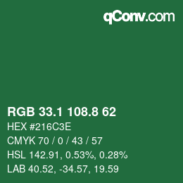 カラーコード: RGB 33.1 108.8 62 | qconv.com